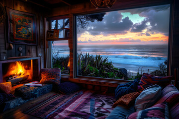 Fototapeta premium Rustic Oceanfront Cabin Interior with Fireplace and Sunset View