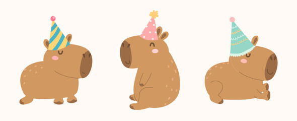 Cute capybara illustration. Cartoon capybara birthday. greeting card. birthday cap