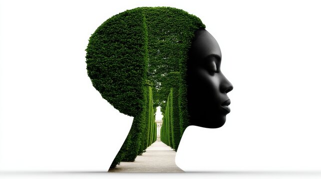 Green tree shaped like female head against pale background symbolizing eco consciousness growth sustainability and harmony between human identity and natural environment in visual metaphor style