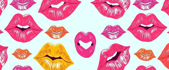Seamless pattern of textured lip prints in various colors , elegant, yellow