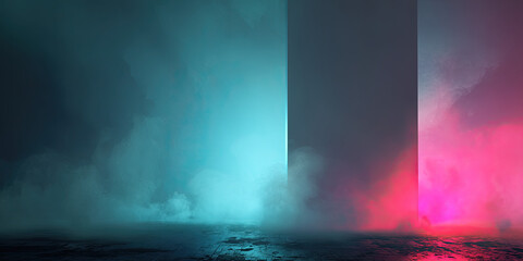 Misty neon fog and smoke, futuristic wavy pattern, glowing light shapes, abstract digital background, vibrant glow design