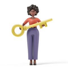 A woman holds a large golden key, symbolizing access, opportunity, or solution. 3D rendering, conceptual image. Isolated on white background.