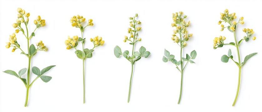 Charming yellow flowers with delicate green leaves on a clean white background creating a minimalist botanical arrangement for design