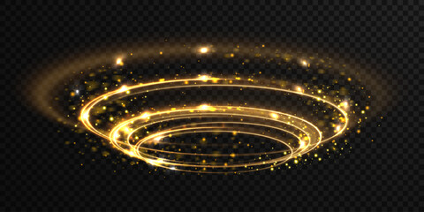 Golden light swirl sparkles in circular vector format. Light ring curves dynamically with shimmer and glare. Bright glowing circle forms abstract radiant orbit. Speed effect line spins © Максим Славов