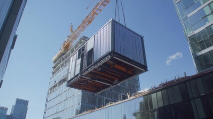 Fototapeta premium Rooftop HVAC units being hoisted by crane onto newly constructed commercial building