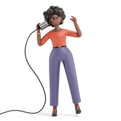 A woman speaks into a microphone, symbolizing communication or announcement. 3D rendering, conceptual image. Isolated on white background.