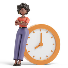 A woman stands next to a large clock, symbolizing the concept of time management. 3D rendering, conceptual image. Isolated on white background. © Jane