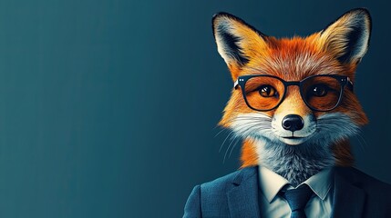 fox works at laptop, desktop. on simple bright colored background. in business suit. place for text. cheerful emotions,