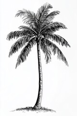 Retro sketch of tall palm tree with long curved leaves drawn in detailed vintage hand-drawn black and white style