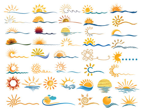 Big set stylized logos of the sun and sea.
