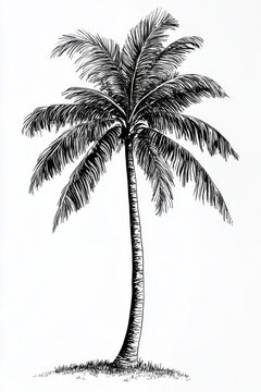 Retro sketch of tall palm tree with long curved leaves drawn in detailed vintage hand-drawn black and white style