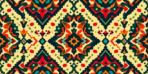 Seamless tribal geometric textile pattern with abstract shapes and decorative elements, handcrafted, design