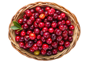 Fresh Red Cranberries in Woven Basket Top View isolated on Transparent Background