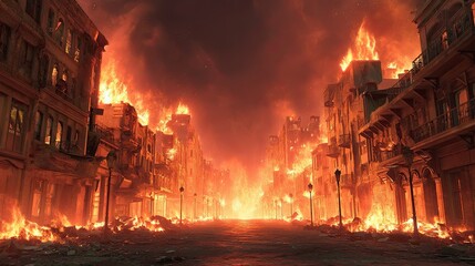 Dramatic scene of burning city street engulfed in raging fire and thick smoke