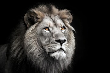 Majestic Silver Lion Portrait Headshot Against Dark Backdrop Powerful Wild Animal Photography Studio Shot Detailed Fur, lion, animal, cat, feline, predator, carnivore, mammal, wildlife, nature