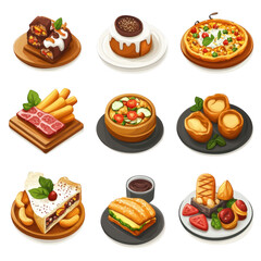 charming isometric set of 9 colorful food icons featuring variety of delicious dishes including pizza, desserts, and appetizers, evoking sense of culinary delight and creativity