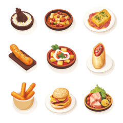 Colorful Spanish food icons including variety of dishes such as paella, tapas, and desserts. This charming isometric set showcases vibrant culinary culture, evoking sense of delight and appetite