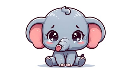 Fototapeta premium Sad Cartoon Baby Elephant Sitting and Crying - Vector Illustration 