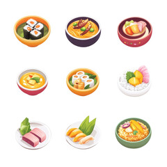 Colorful Thai food icons including sushi, curry, and rice dishes create delightful visual feast. Each dish showcases vibrant ingredients and traditional presentation, evoking sense of culinary joy