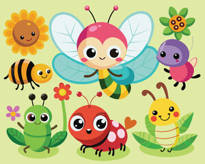 Cute Cartoon Insects in a Garden Setting. Adorable Bug Illustrations