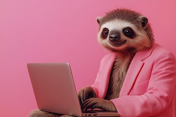 Fototapeta premium sloth works at laptop, desktop. on simple bright colored background. in business suit. place for text. funny emotions