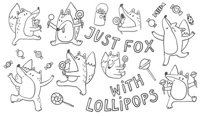 Whimsical baby fox doodles, hand sketched nursery animals set, coloring pages, funny quote