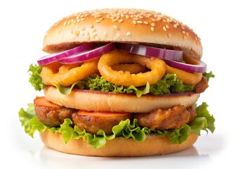 Gourmet Burger with Onion Rings: An irresistible double-decker gourmet burger stacked high with juicy patties on white background, crisp lettuce, and tangy red onion rings.