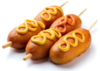 Classic Corn Dogs: Three golden brown corn dogs on sticks, coated with a swirl of yellow mustard and ketchup, creating a visually appetizing image of a classic American treat.