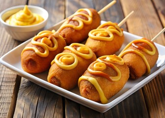 Corn Dogs with Mustard: A plate of golden-brown corn dogs, each adorned with a swirl of creamy yellow mustard, sits on a rustic wooden table. The delectable treats are ready to be enjoyed.