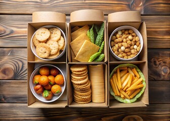 Snack Variety Boxes: A close-up studio shot of a diverse array of snack boxes filled with an assortment of delicious savory treats, creatively arranged on a wooden surface, inviting appetite.