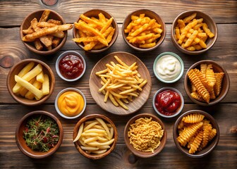 A Culinary Symphony of Fries and Sauces: An overhead shot showcases an artful arrangement of a variety of french fries and dips on a rustic wooden table.