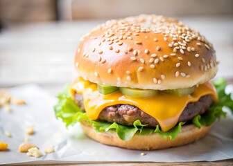 Delectable Burger Delight: A mouthwatering, photorealistic image of a perfect burger. The sesame-seed bun hugs a juicy patty, melted cheese, crisp lettuce, and tangy pickles.