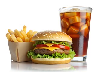 Delicious Fast Food Combo: A mouthwatering classic fast food meal featuring a juicy hamburger, golden french fries, and refreshing soda, perfect for a quick and satisfying lunch or snack.