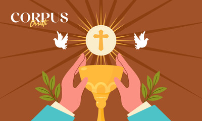 Corpus Christi Celebration Hands holding the Holy Eucharist and Religious Symbols Flat Illustration.