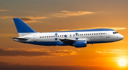 Obraz premium Sunset Flight: Honduras Airliner in Golden Hour AI Generated