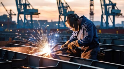Fototapeta premium A skilled welder works on a metal structure at an industrial site, showcasing the intense sparks and precision required for shipbuilding, with towering cranes in the backdrop