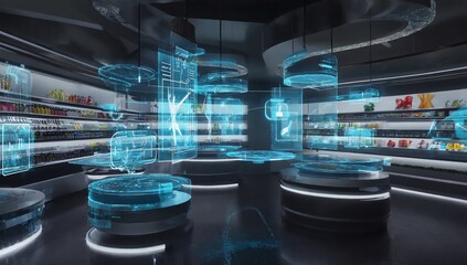 Futuristic smart retail store with interactive holographic displays, illuminated product shelves, and high-tech digital interfaces — perfect for innovation, AI shopping, future tech, smart commerce.