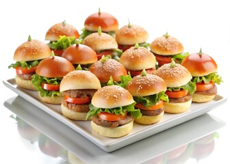 Mini Burgers Platter:  A platter of mini burgers arranged on a rectangular white platter, ready for a delicious party snack.