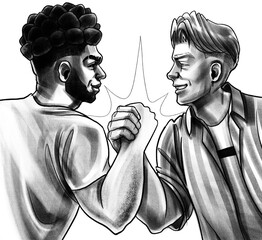 Two men of different ethnicities sharing a powerful handshake