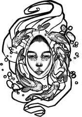 Surreal female face surrounded by koi fish and flowing water. Dynamic