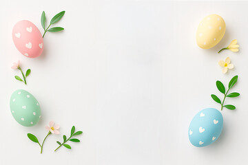 A minimalistic spring-themed flat lay featuring pastel-colored Easter eggs adorned with white hearts. Surrounded by delicate flowers and leaves, with copy space in the middle