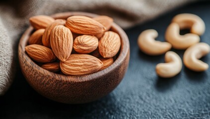 Almonds in a wooden bowl, with cashews visible