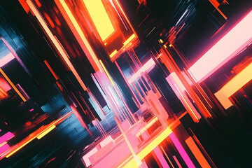 A vibrant, neon-lit, abstract perspective of intersecting geometric shapes.