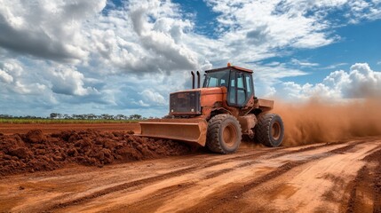 Soil compactor rolling over newly graded surface in preparation for foundation work