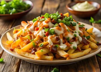 Bacon Cheese Fries Indulgence: Crispy golden fries piled high with savory bacon bits, creamy cheese sauce, and fresh green onions, a decadent and irresistible treat for any occasion. 