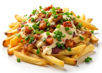 Delicious Loaded Fries: A mouthwatering composition of golden fries generously topped with savory cheese sauce, crisp bacon bits, and fresh green onions
