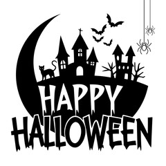 Scary halloween night illustration with haunted house, castle silhouette, bats, moon, and spooky tree for an autumn celebration