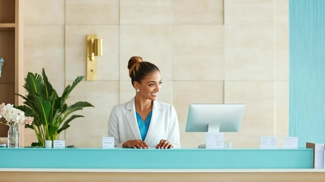 Friendly medical receptionist working at clinic reception desk