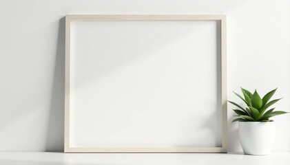 Crisp white wooden photo frame against pure white wall , mockup, design, white wood