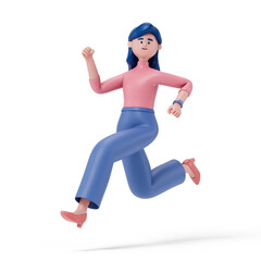 A woman in business attire joyfully runs, symbolizing success or achievement. 3d rendering, conceptual image. Isolated on white background.
